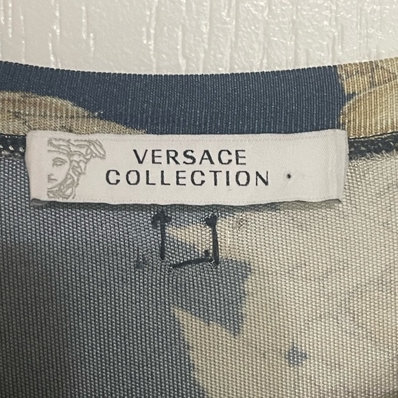 Versace Jeans Couture Navy Blue Gold Chromo Couture T-Shirt Semi Sheer Long Sm - Picture 8 of 11